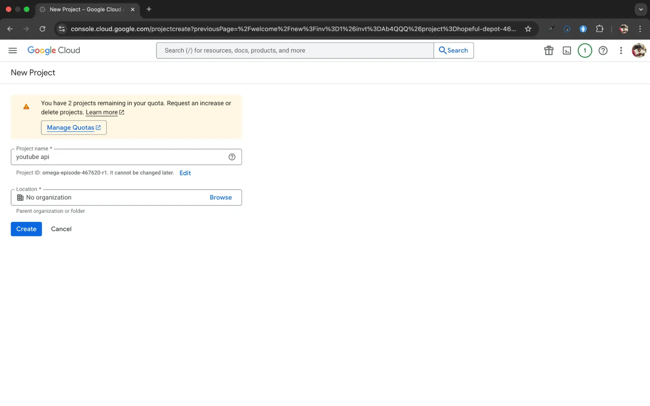 youtube api: creating a new project